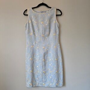 Vintage Jessica Howard Blue Linen Blend Floral Embroidered Sheath Dress Size 6